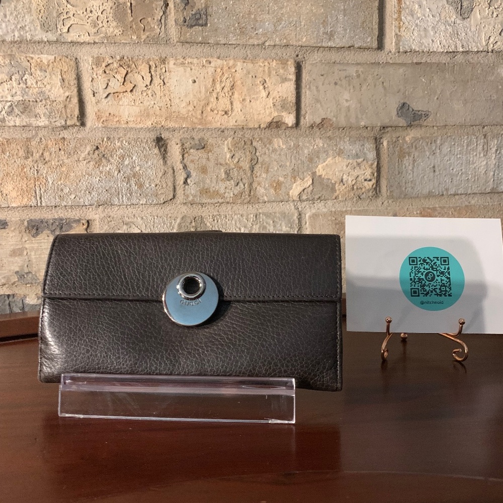 AUTH GUCCI BLACK LEATHER LONG WALLET EUC